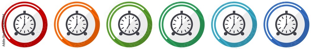 Poster alarm icon set, flat design vector illustration in 6 colors options for webdesign and mobile applica