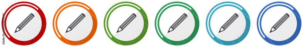 Poster Pencil icon set, flat design vector illustration in 6 colors options for webdesign and mobile applications