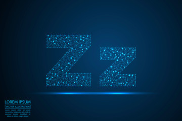 English letters abstract font consists 3d of triangles, lines, dots and connections. On a dark blue background cosmic universe stars, meteorites, galaxies. Vector illustration EPS 10.