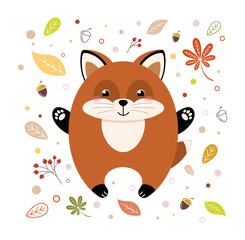 Illustration of a fox on an autumn background. Image of a fox with an autumn background. Character fox