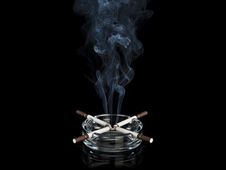 Turbulent stream of smoke of four cigarettes in glass ashtray
