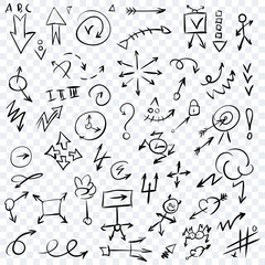 Arrow doodles vector. A set of simple sketches of arrows. Up, down, left, right ones. The effect of a pencil sketch isolated on transparent background. Vector eps 10.