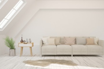 White living room with sofa. Scandinavian interior design. 3D illustration