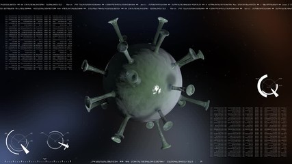 COVID-19. Coronavirus. Virus molecule rotates with data processing background. Green cell. The flying particles. 4K. 3D animation. - Powered by Adobe