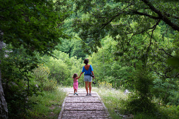 Fototapeta premium mom and daughter on vacation in Vikos-Aoos national park in Epirus, Greece