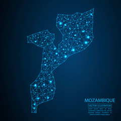 A map of Mozambique consisting of 3D triangles, lines, points, and connections. Vector illustration of the EPS 10.