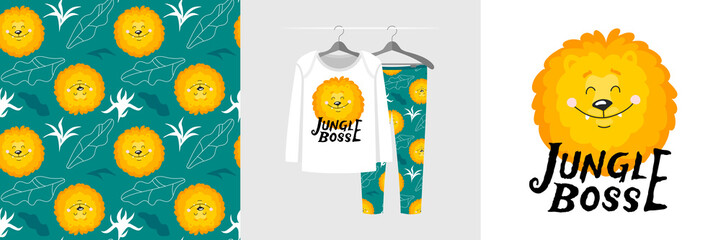 Seamless pattern and illustration for a kid with a lion, Jungle Boss text
