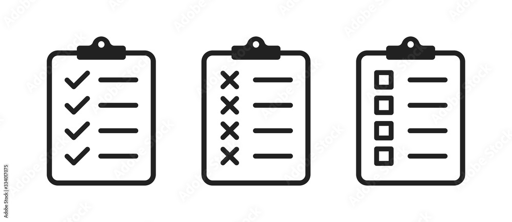 Poster clipboard checklist or document. vector isolated icons or signs. clipboard with checkmark cross and 