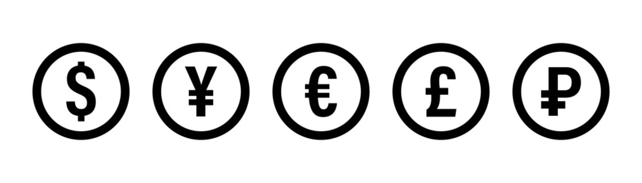 Currency icon. Vector isolated icons or signs. Dollar yuan euro pound publes signs or symbols. Finance, business currency exchange. Money currency icon. Black vector currency elements.