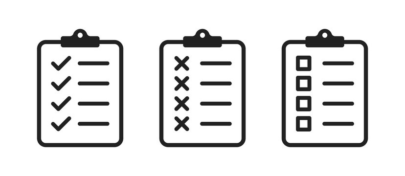 Clipboard checklist or document. Vector isolated icons or signs. Clipboard with checkmark cross and text. Clipboard concept vector. Checklist document. Clipboard icon vector.