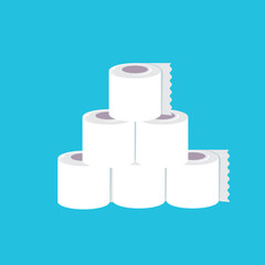 Stack of toilet paper isolated on blue background. Deficit of toilet paper concept illustration.Self isolation concept