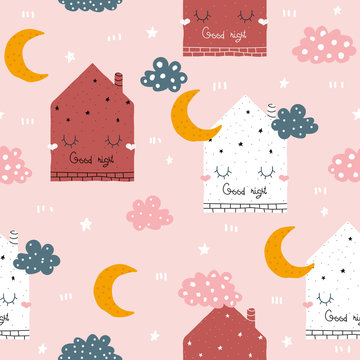 Seamless pattern with sleeping house. Childish cute print. Vector hand drawn illustration.