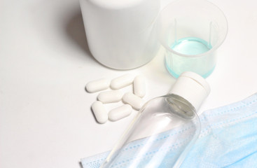 Disinfection, pills and masks during coronavirus pandemia