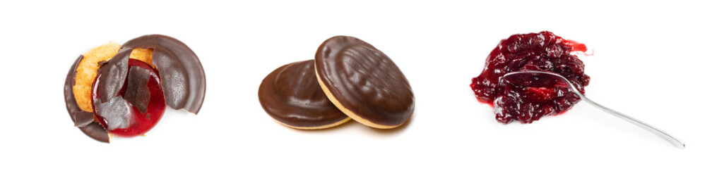 Round chocolate jaffa cake or biscuit cookie filled with natural jam