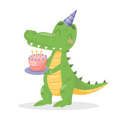 Vector flat crocodile with birthday cake. Stock vector minimal image isolated on white background. Cute alligator celebrating birthday