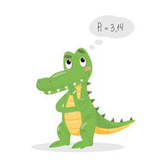 Vector flat crocodile thinking. Stock vector minimal image isolated on white background. Cute alligator learning PI number