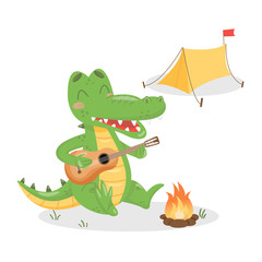 Vector crocodile playing guitar and singing near the fire. Alligator camping with tent and fire. Flat character design on white isolated background.