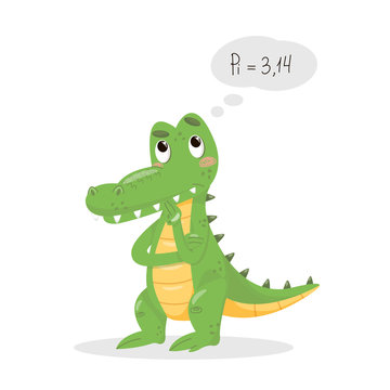 Vector flat crocodile thinking. Stock vector minimal image isolated on white background. Cute alligator learning PI number