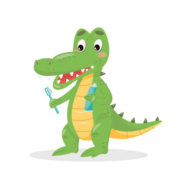 Vector flat crocodile with toothbrush and toothpaste. Stock vector minimal image isolated on white background. Cute alligator cleaning teeth