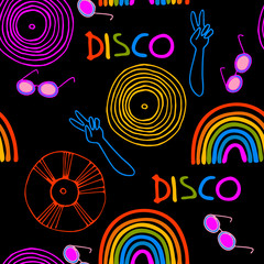 Seamless pattern. Disco party concept. 1970s - early 1980s style design