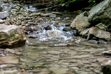 A small waterfall in a mountain stream in the Caucasus Mountains. View of the waterfall on a summer day. Algae grow on stons within a stream bed. Stones  under water.