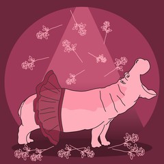 Hippopotamus ballerina, dancer. Pink animal on spotlight with roses, dancing cute hippo on the scene.