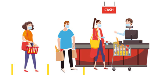 Supermarket store counter cashier and buyers in medical masks, with cart and basket of food