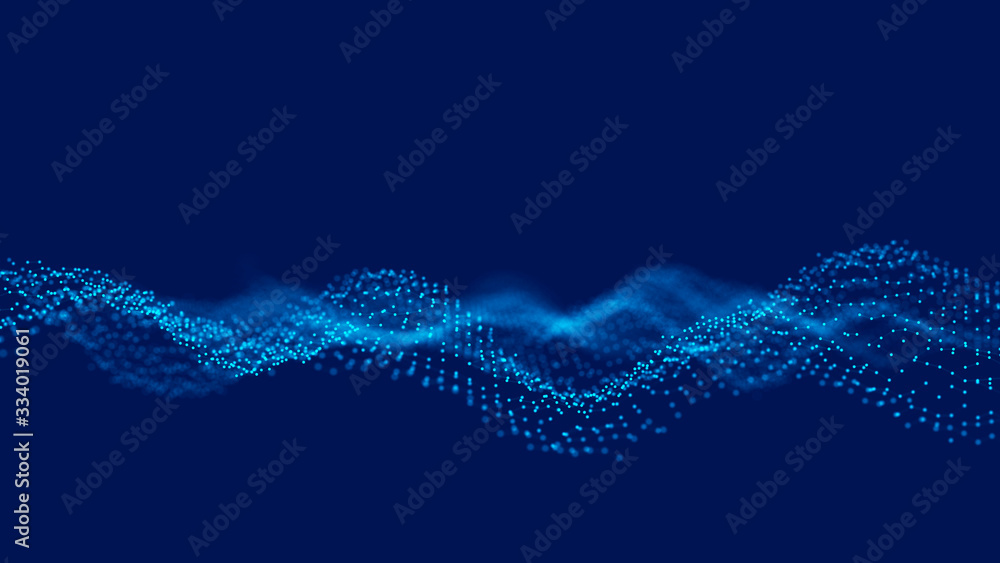 Poster wave 3d. wave of particles. abstract blue geometric background. big data visualization. data technol