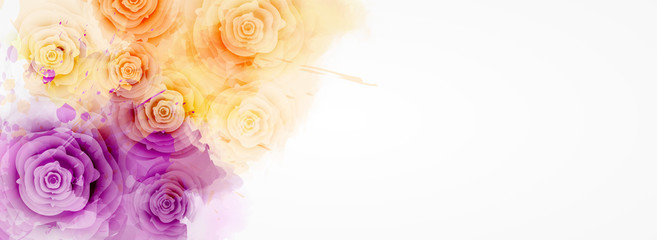 Watercolor paint splash background with roses