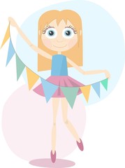 Cute little girl dancing with a festoon in her hand. Sweet young woman wearing a skirt and ballet shoes.