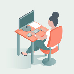 Modern girl works in the office at the computer. Sits at a table, holding coffee in his hand. Vector illustration in isometric style.