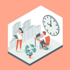 People in the office. Man and woman work at computers and discuss business issues. Against the background of the clock and the city. Vector illustration in isometric style.