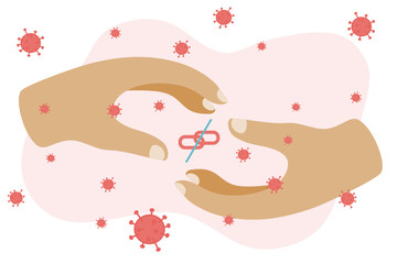 Flat style vector illustration of social-distance cause of corona virus. Concept of Wuhan corona virus Covid-19. Anxiety of virus. Disconnected people. Big two hands not touch each other.
