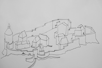 Drawing of a fortress with walls and buildings
