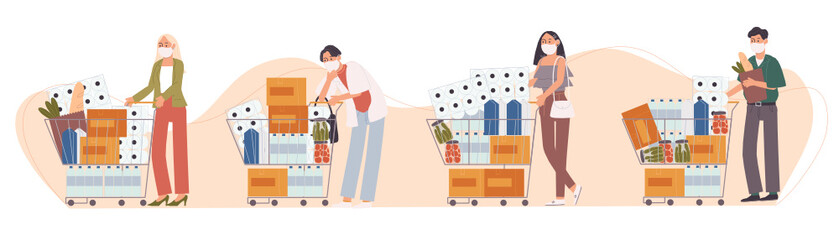 Flat style vector illustration of cartoon character People in face mask are panic shopping. Food and supplies store up. Anxiety about suffered from disease outbreak.