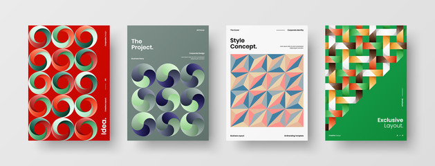 Business presentation vector A4 vertical orientation front page mock up set. Corporate report cover abstract geometric illustration design layout bundle. Company identity brochure template collection.