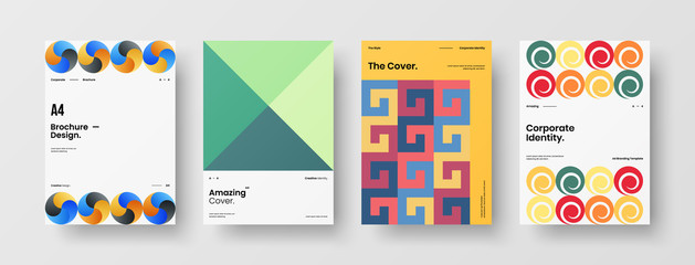Fototapeta premium Business presentation vector A4 vertical orientation front page mock up set. Corporate report cover abstract geometric illustration design layout bundle. Company identity brochure template collection.