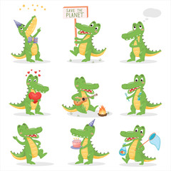 Crocodiles set on white isolated background. Acting and posing alligator illustrations. Flat simple character design