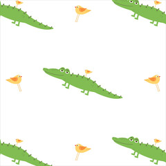 Alligator with yellow bird pattern. Crocodile and bird pattern isolated on white background