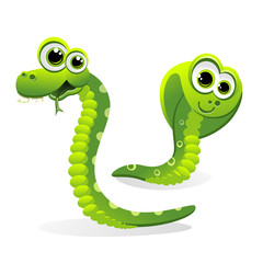 Vector drawing of 2 friendly green snakes (cobra and python) isolated on white.