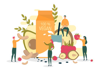 Veganism Concept, People with Fruit and Nut Flat.