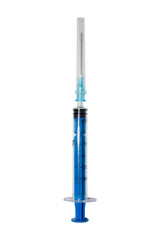 A medical syringe on a white background.A plastic syringe for injection.A syringe with a thin needle.