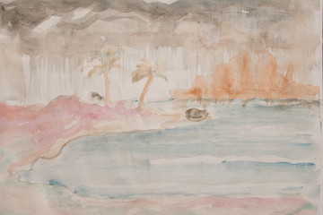 Painting of a beach area without human beings