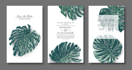 Botanical wedding invitation card. Template design with monstera leaves. Hand drawn, tropical botanical design in realistic style for poster sale banner. Collection of Save the Date in vector EPS. 