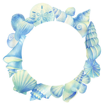 recommend clip art: Banner, round frame with  underwater life objects - blue sea shells, marine design. Watercolor hand drawn painting illustration isolated on white background.