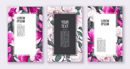 Set of templates for posters, discount banners, invitation and greeting cards. Templates for social networks, posts and stories with spring flowers, leaves and petals of pink and white magnolia.