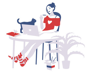 A freelance girl working at home, drinking coffee, sitting at a round table with a laptop and her cat. Vector illustration.