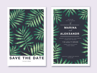 Tropical botanical wedding or party invitation card. Template design with realistic high detailed green palm leaves. Modern, realistic style, hand drawn Save the Date card, vector, banner, poster.