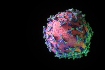 Coronavirus 3d Illustration showing structure of epidemic virus on a black isolated bacground