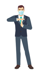 Businessman with medical mask showing time-out sign with hands. Body language. Full length portrait of Businessman in a flat style.